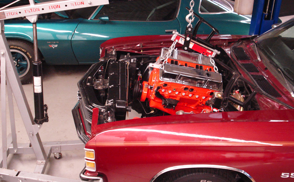 classic car repair / chevy chevelle - engine repair and performance work getting installed